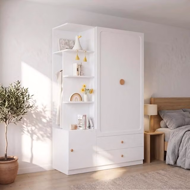 Desviae Armadio con 2 barre appendiabiti 2 cassetti e mobile laterale in MDF legno e acciaio bianco 200 × 135 × 45 cm