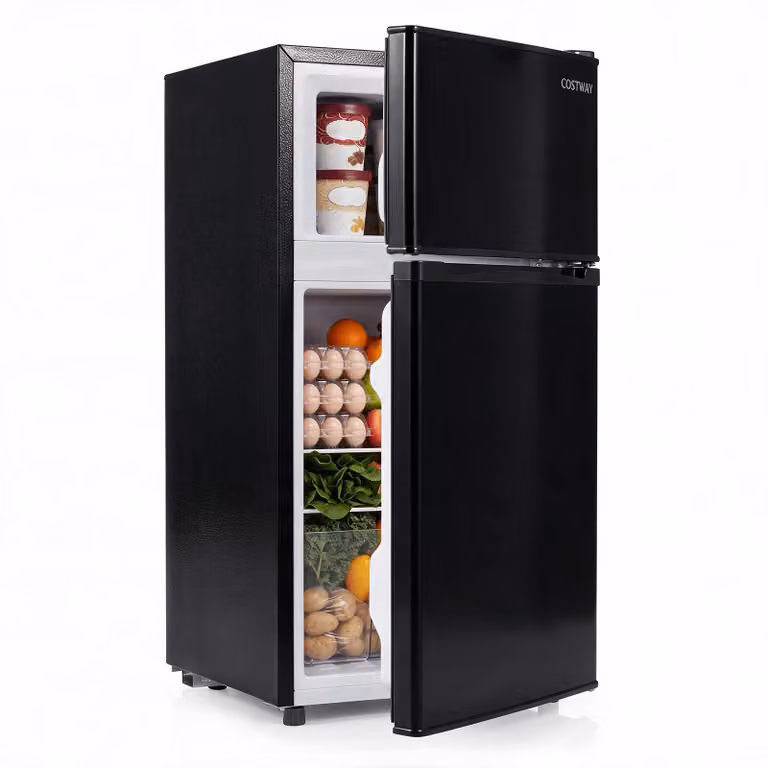 Costway Piccolo frigorifero combinato 100l 7 livelli di temperatura ripiani regolabili, Mini frigo doppia porta con congelatore per ufficio camera e bar Nero