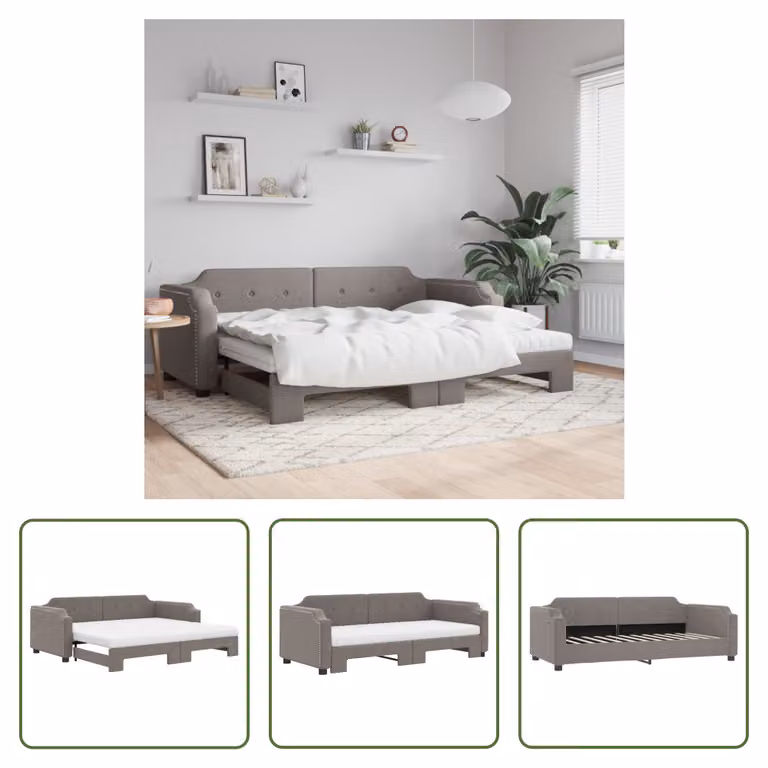 The Living Store Letto da giorno allungabile con materassi Taupe 80x200 cm in tessuto