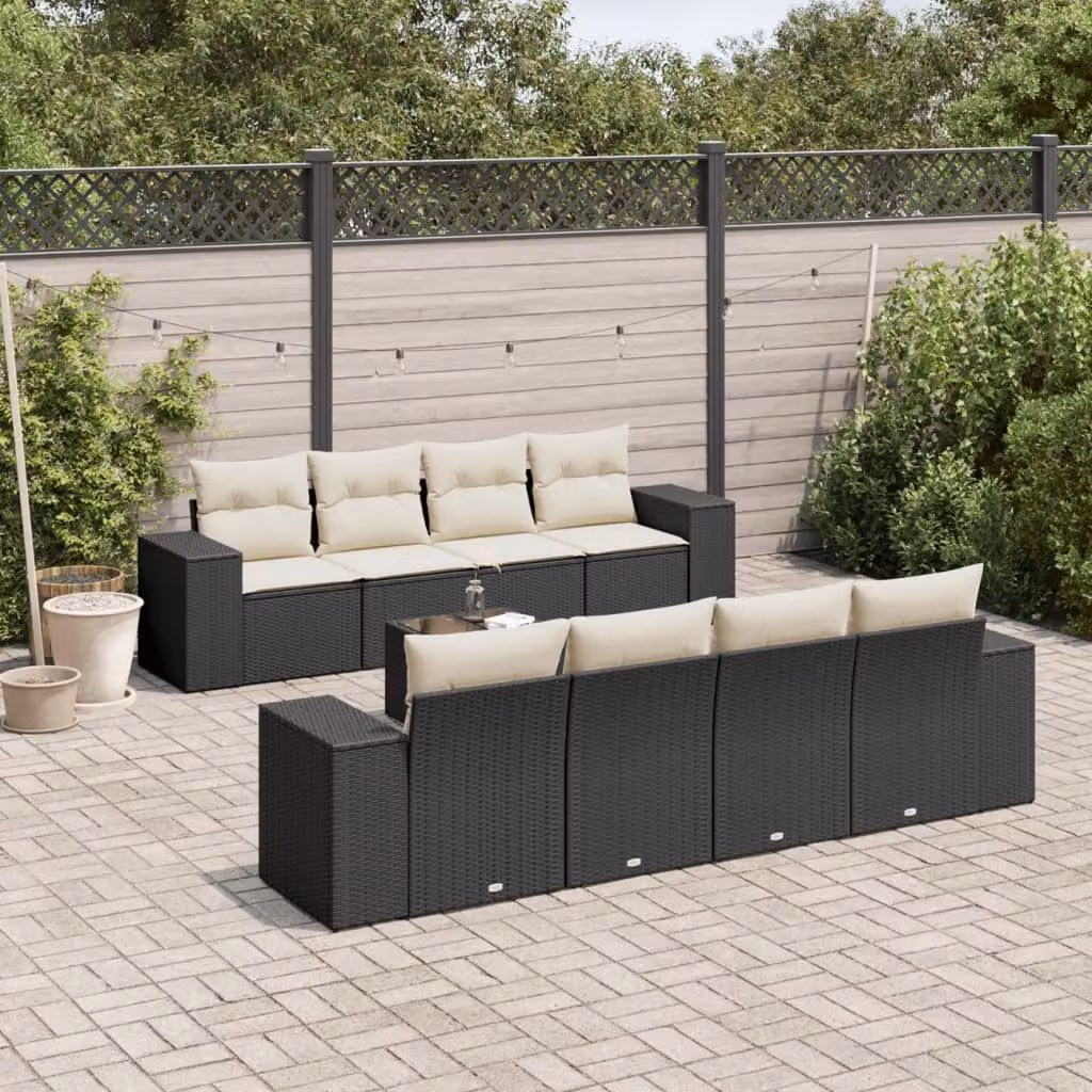 Set di divani da giardino vidaXL in polyrattan nero con cuscini, tavolino e poltrone a forma di U – 1