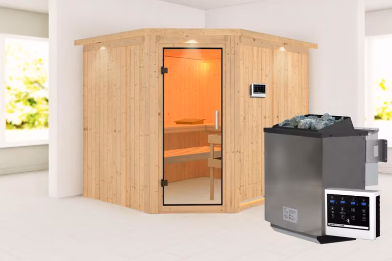Karibu sauna cabina interna Malin sauna interna 3 panche in legno, cabina sauna con spessore parete 68 mm, sauna a vapore con materiale di montaggio