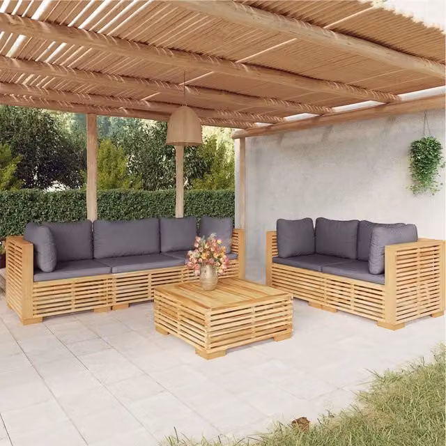 Set di Divani da Giardino vidaXL in Legno di Teak Massello con Cuscini Grigi, 6 Pezzi – 1