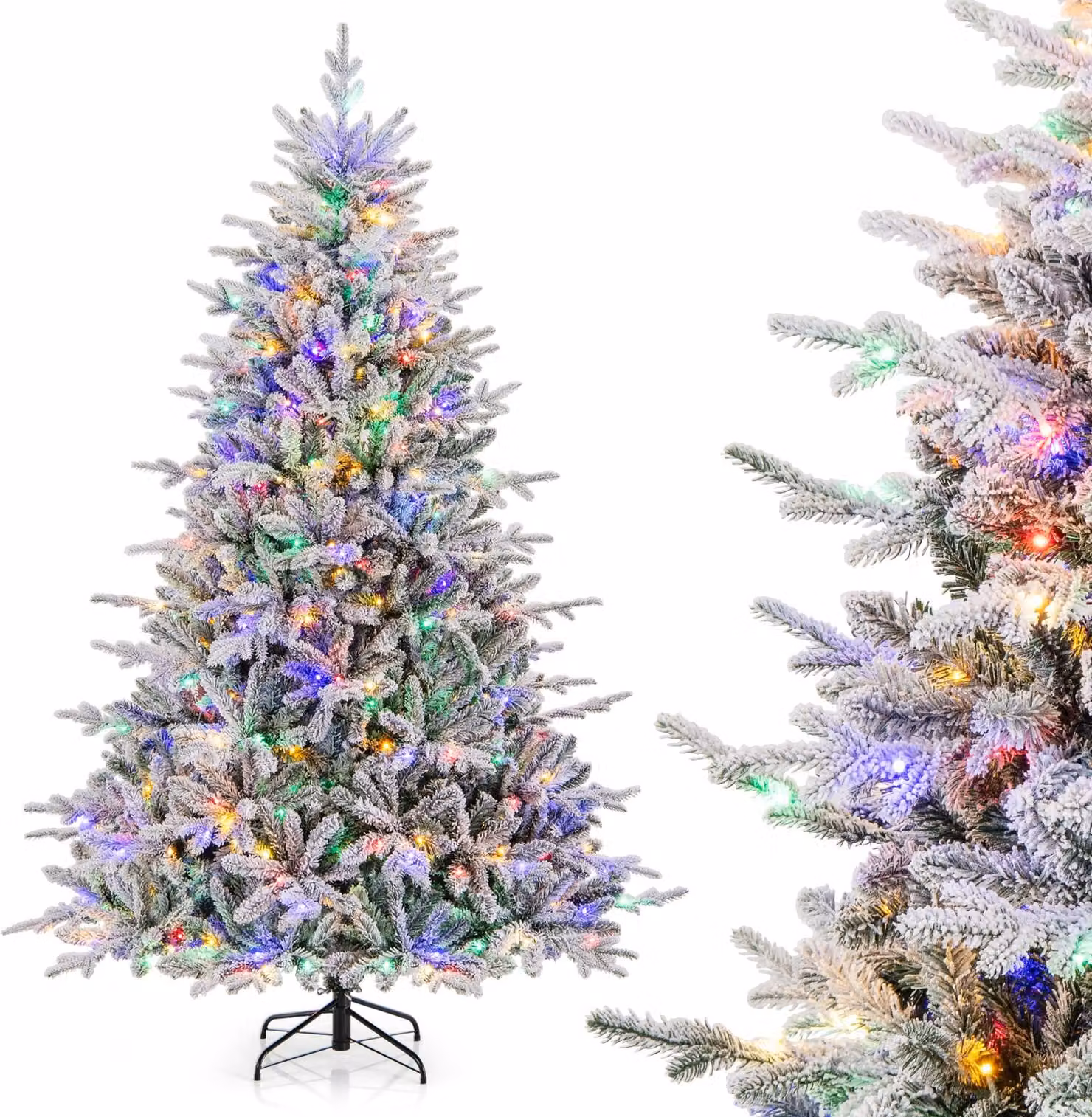COSTWAY Albero di Natale artificiale 210 cm, albero di Natale floccato con 350 LED multicolore, 8 modalità di illuminazione e 1164 punte di rami, albero di Natale illuminato