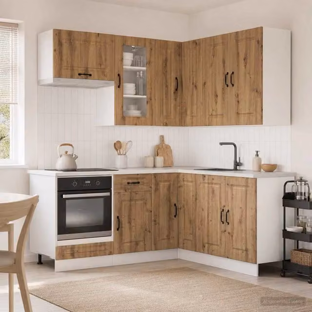 Unità Cucina Moderna KALMAR vidaXL in Rovere Marrone con Ante in Vetro e Mensole Aperte – 1