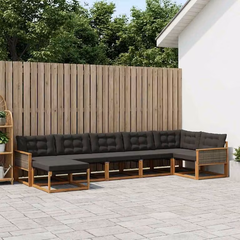 Set di divani da esterno vidaXL 7 pz in legno di acacia con cuscini in textilene, colore naturale e nero, composizione a L con pouf