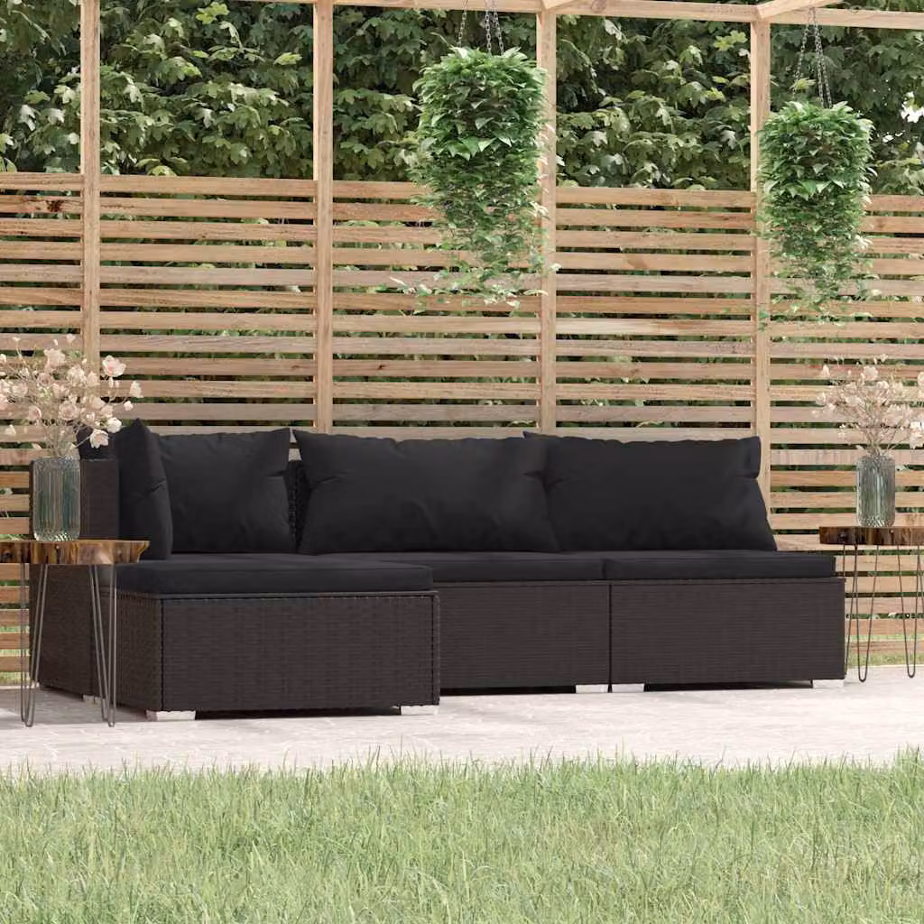 Set di divani da giardino vidaXL a forma di L composto da 4 pezzi con cuscini e pouf in rattan nero e struttura in metallo