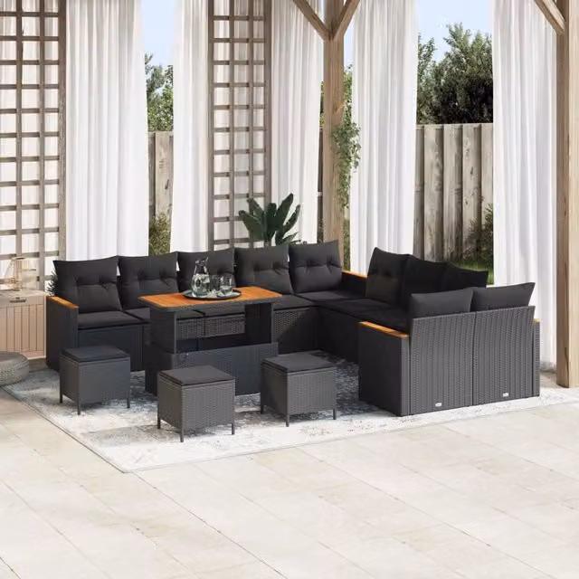 Set Divano da Giardino Moderno vidaXL a Forma a U con Cuscini e Tavolino, Colore Nero e Marrone