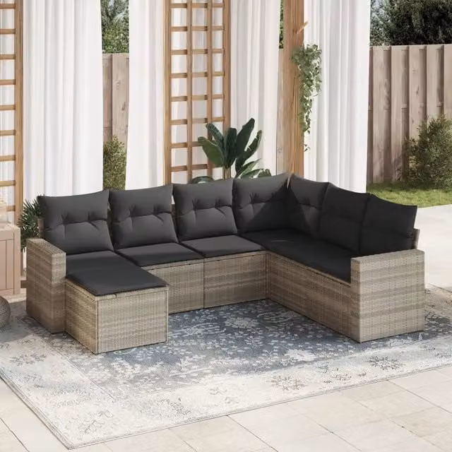 Set di Divani da Giardino VIDAXL in Polyrattan con Cuscini, Design Moderno a L, Grigio Chiaro, 7 Pezzi