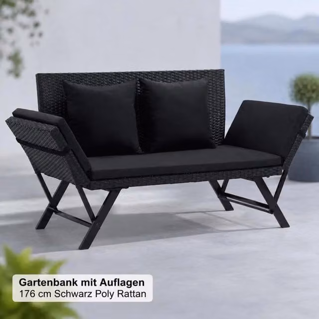 Garden Bench With Cushions, 176 Cm, Black Poly Rattan