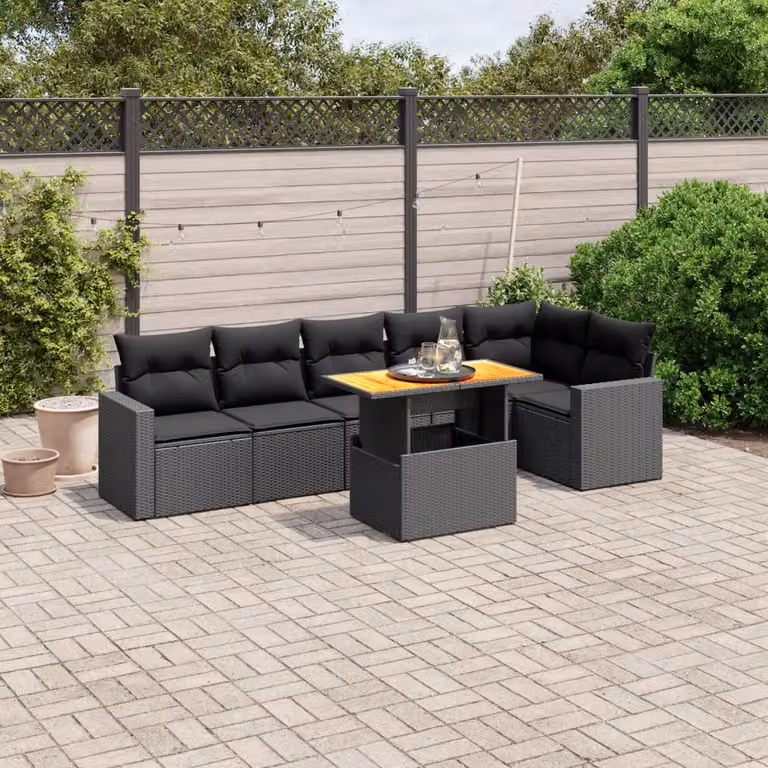 vidaXL Set Divani da Giardino a L in Polyrattan Nero con 7 Cuscini e Tavolino da Esterno