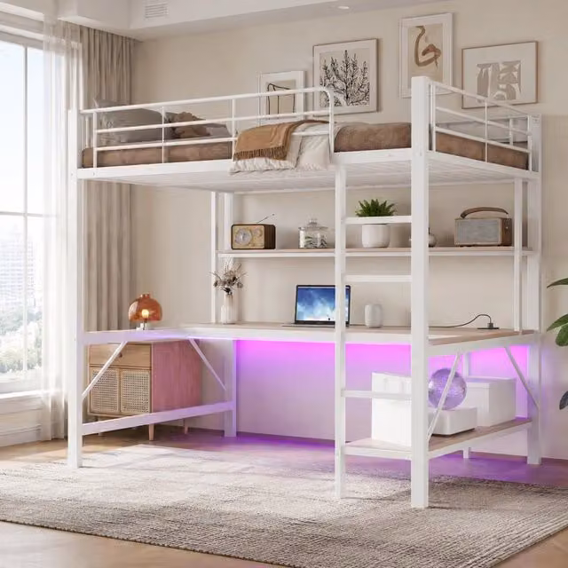 Letto a soppalco MIVRAY bianco con scrivania, scaffale, illuminazione LED e porta USB, L/P/H: 204 x 140 x 180 cm