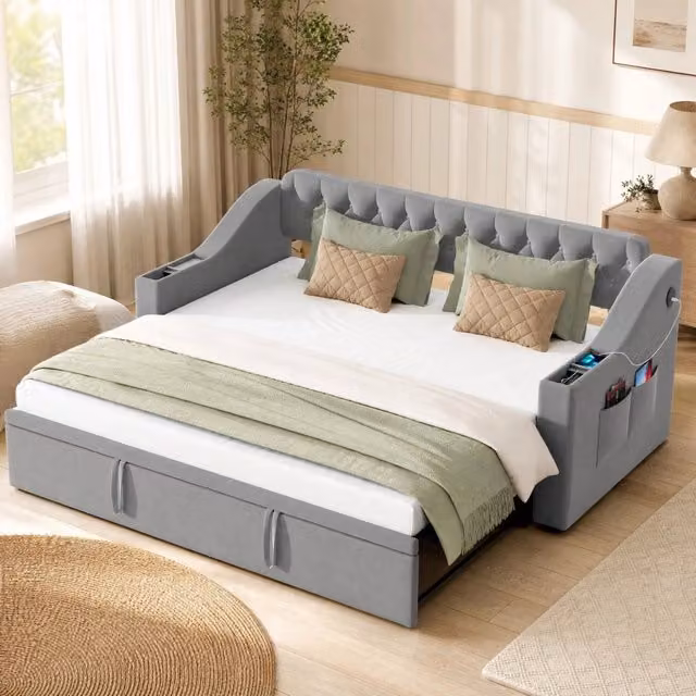 Divano letto imbottito 90x190 cm estendibile 180x190 cm in velluto grigio con USB e vani portaoggetti