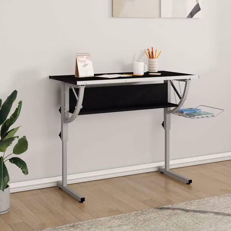 Scrivania da ufficio moderna vidaXL nera e grigia con piano inclinabile e altezza regolabile, L: 110 cm, P: 53 cm, H: 58-87 cm