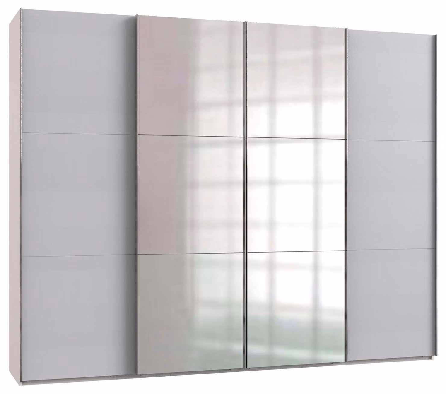 Armadio a filo con ante scorrevoli 300x65x236cm grigio chiaro bianco specchio apertura sincrona