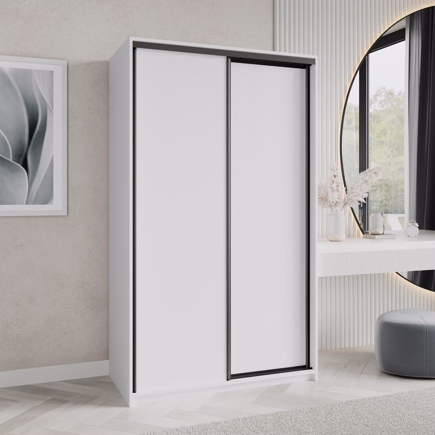 Armadio a porte scorrevoli Masseno NISSE 120/205/60 cm, armadio con cassetti, armadio da camera da letto a 2 ante, bianco + nero