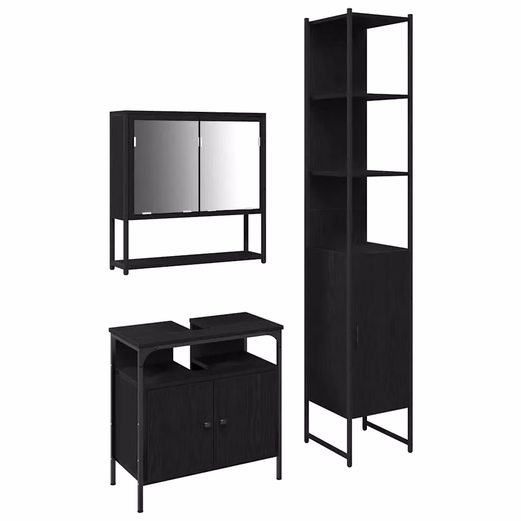 Set di mobili per il bagno vidaXL 3 pezzi Nero, composto da armadietto con specchio, mobile lavabo e colonna alta, L/P/H: 60 x 33 x 185,5 cm – 2