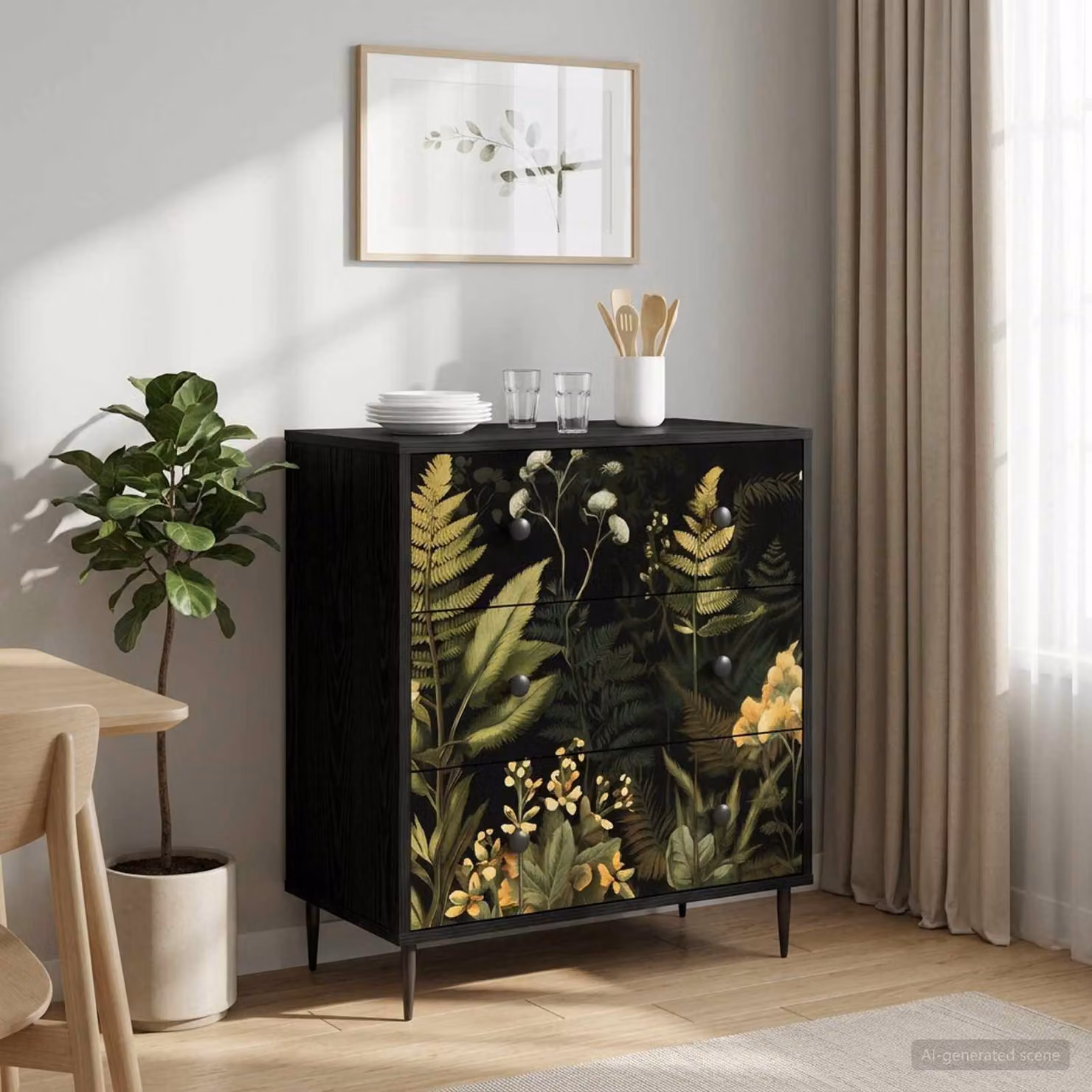 Cassettiera vidaXL RHENEN con stampa tropicale floreale, colore nero, L: 66 cm, P: 36,5 cm, H: 76 cm