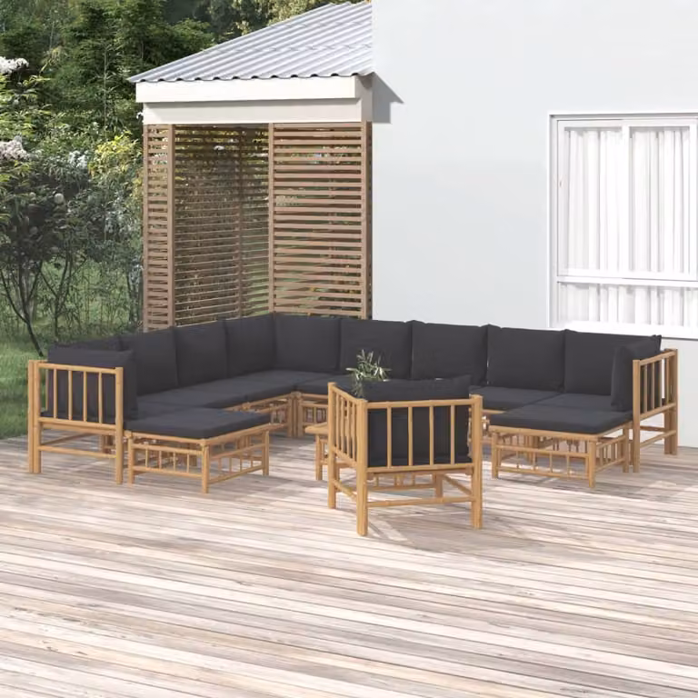 Set Salotto da Giardino vidaXL in Bambu con 12 Pezzi e Cuscini Imbottiti Grigio Scuro e Marrone