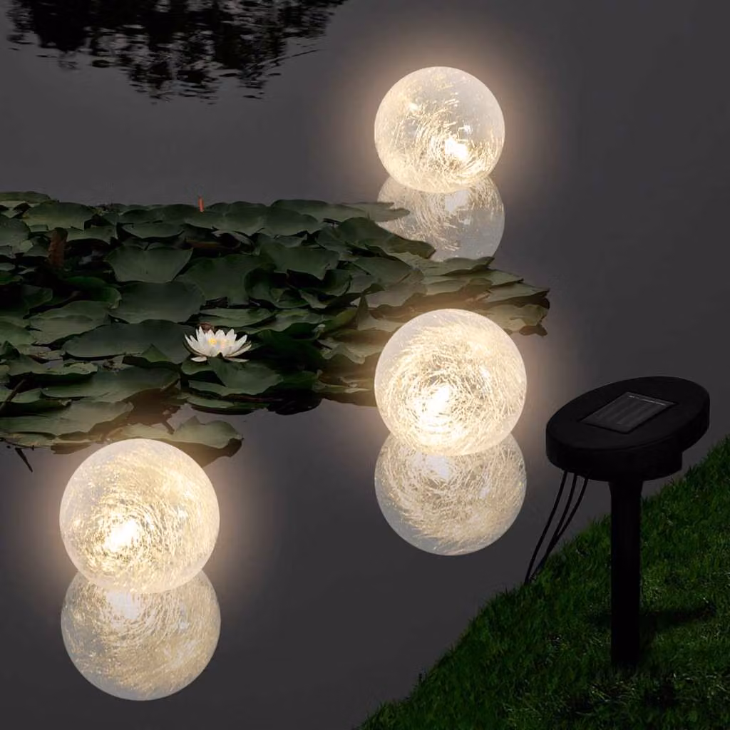 Set di 3 lampade galleggianti solari a LED vidaXL per laghetto e piscina, colore bianco e grigio, luce bianca calda