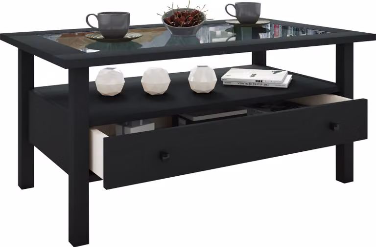 Tavolino in legno con vetro di sicurezza ESG | Tavolino semplice | Dimensioni ca. H. 42 x W. 90 x D. 54 cm | Tavolo soggiorno con cassetto | Divano - Lingis L