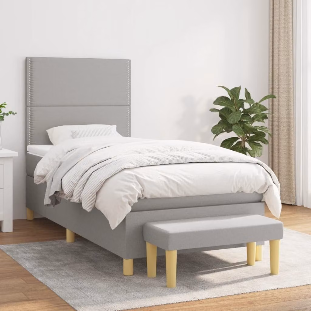The Living Store Letto a molle con materasso grigio chiaro 90x190 cm in tessuto