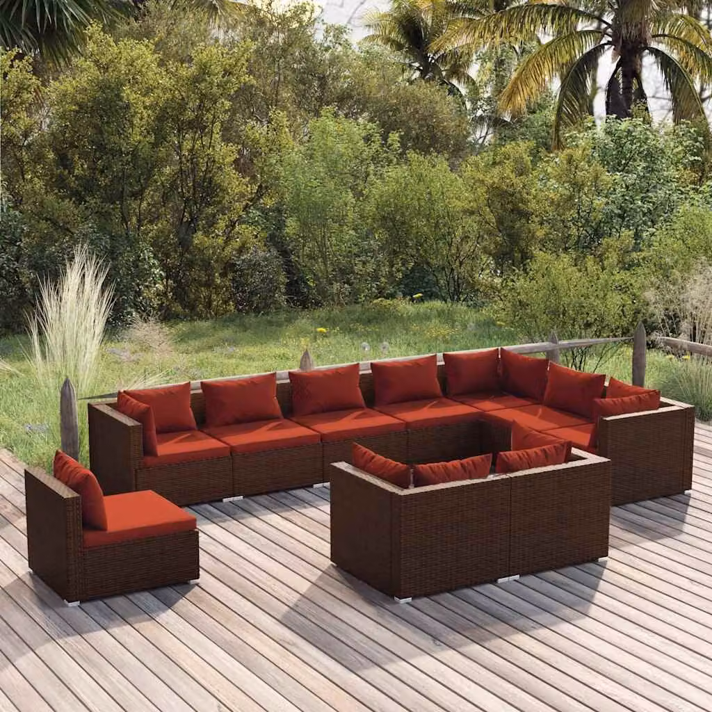 vidaXL Set di Divani da Giardino a L in Polyrattan Marrone con Cuscini e Struttura in Acciaio