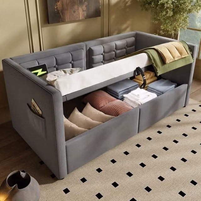 Divano letto 90x190 cm con contenitore idraulico, USB e Type-C in velluto grigio
