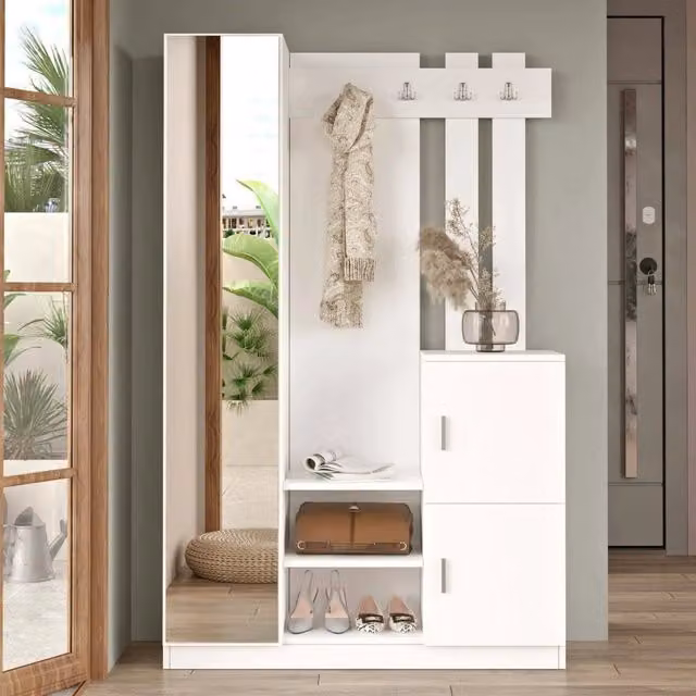 Mobile da ingresso Fernand DMORA Bianco con vano per 16-18 paia di scarpe, L: 114 cm, P: 35 cm, H: 180 cm