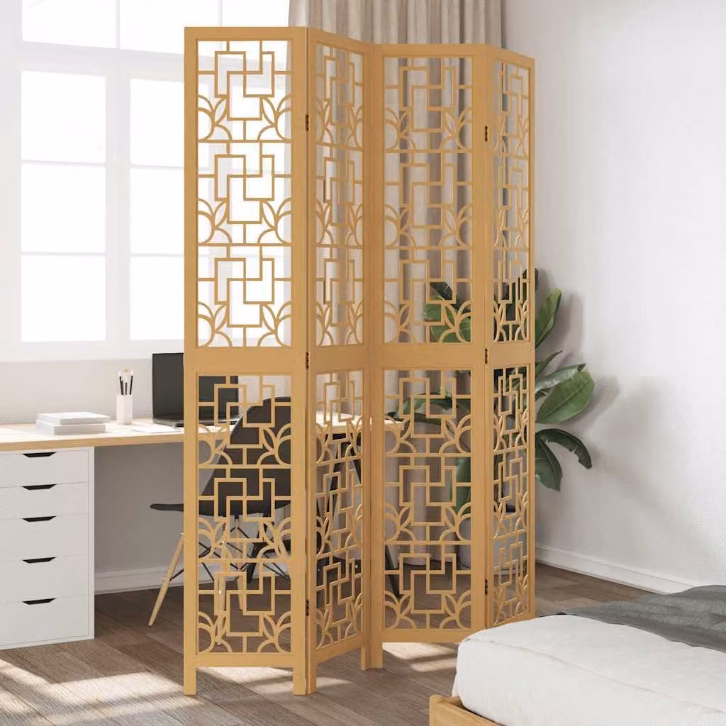 Divisorio Ambienti vidaXL con 4 Pannelli in Legno Massello di Paulownia Marrone con Design Geometrico Moderno H: 175 cm x L: 145 cm x P: 4 cm