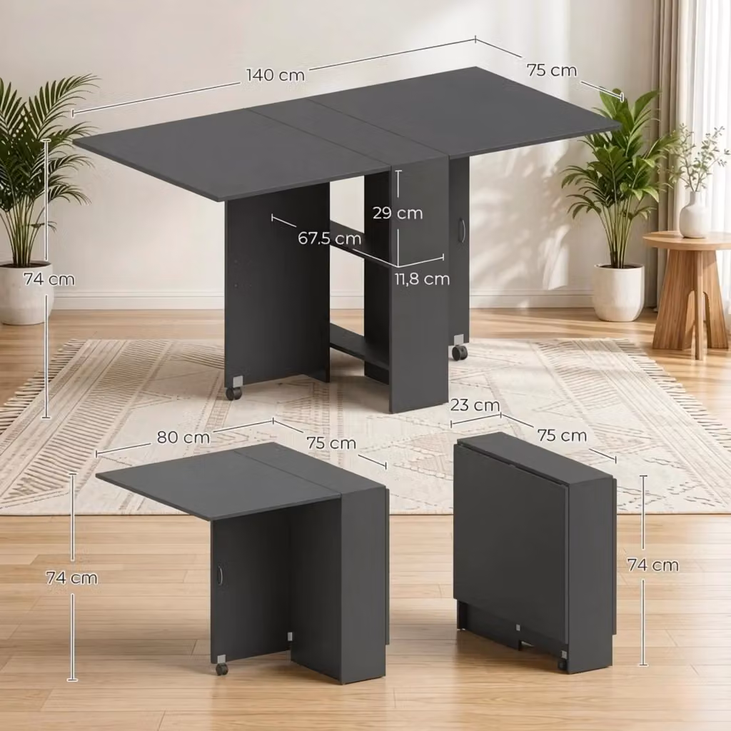 Tavolo da pranzo pieghevole e allungabile WISHDOR con ruote e piano estensibile, colore nero, L/P/H: 140 x 60 x 74 cm – 2