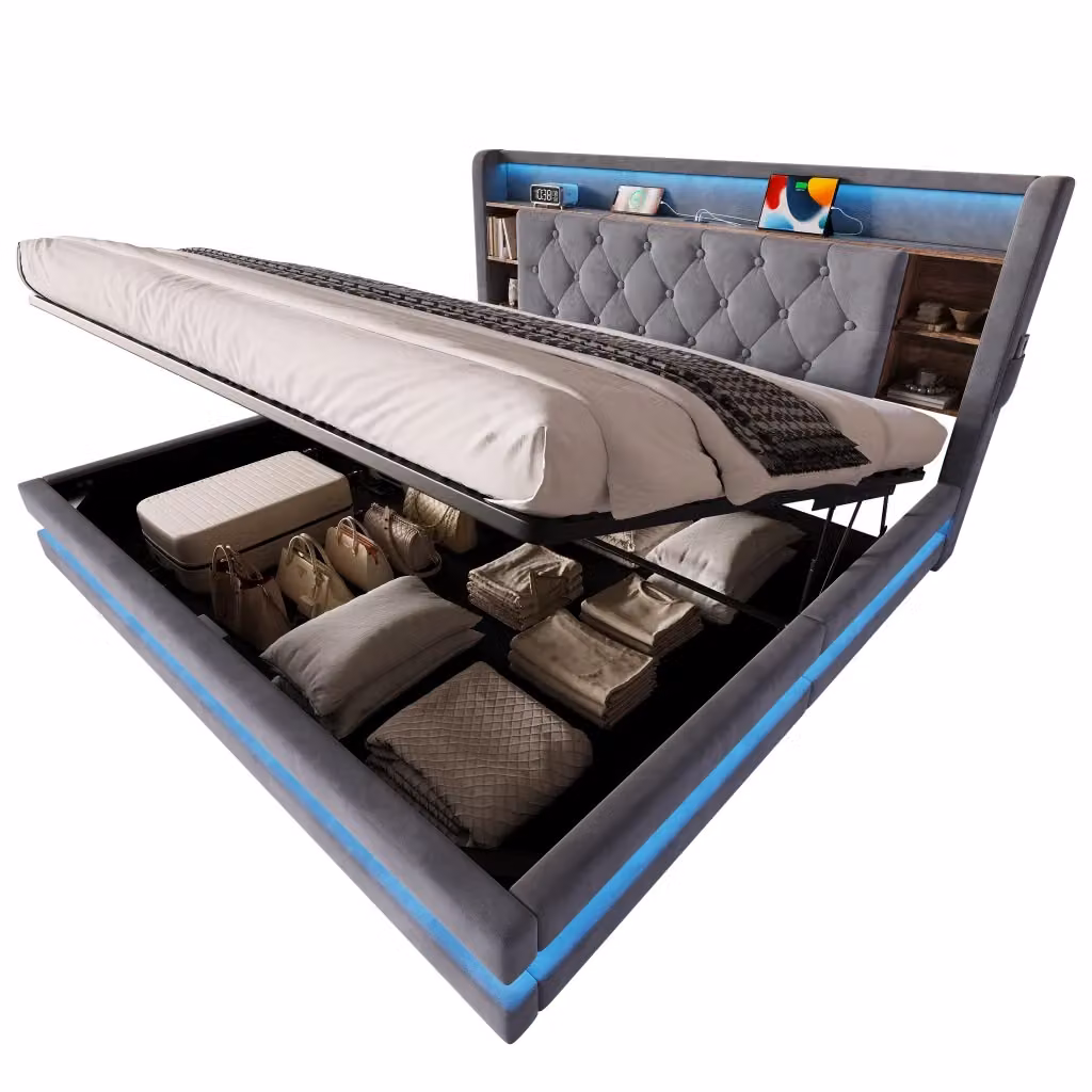 Letto contenitore matrimoniale in velluto grigio con testiera, illuminazione LED e porte USB e Type-C, L/P/H: 180 x 200 x 106,5 cm – 2