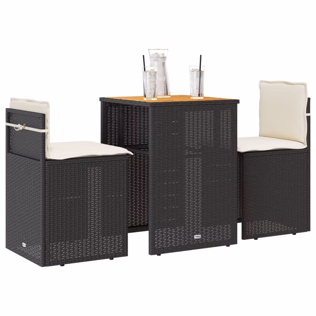 Set da Bistrò vidaXL in Polyrattan Nero con Cuscini Beige e Tavolo in Legno di Acacia