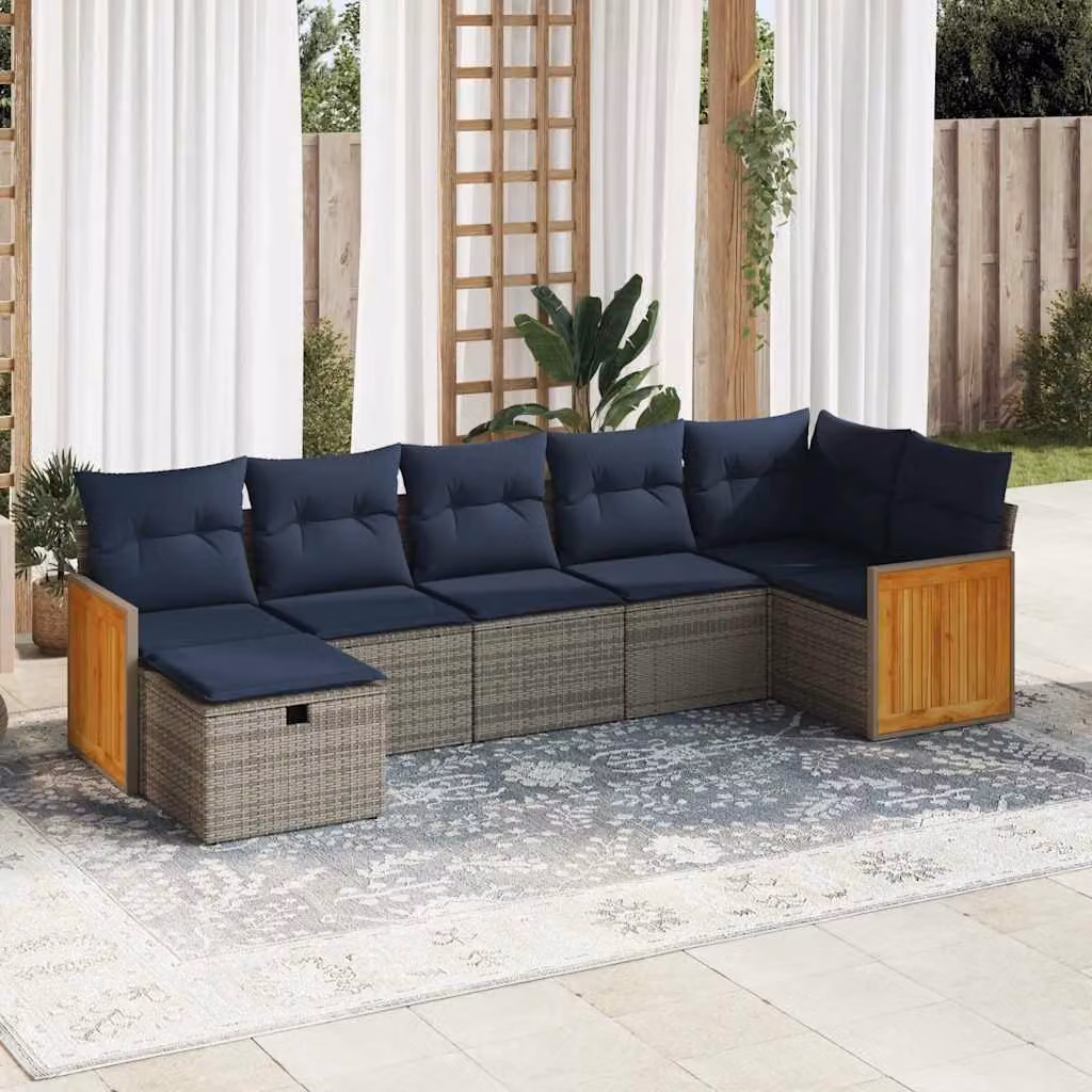 Set di divani da giardino vidaXL in polyrattan grigio con cuscini, composizione a L con elementi angolari, poltrone e pouf
