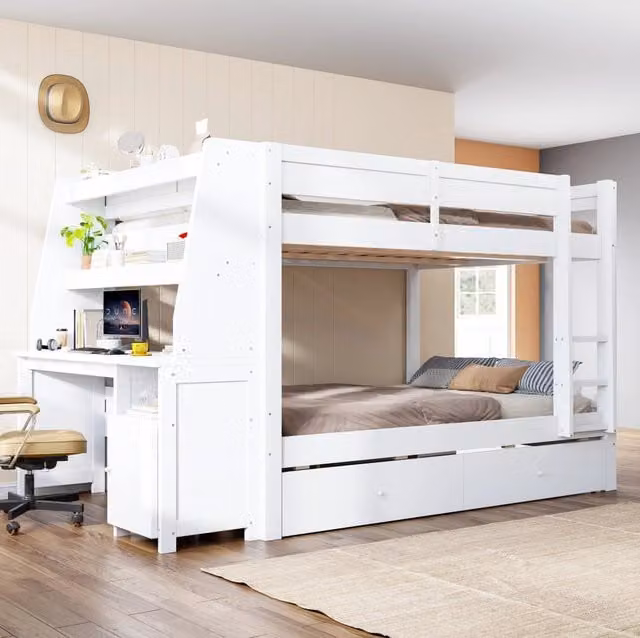 Letto a castello alto 140x200 cm con scrivania; contenitore laterale reversibile e cassetti; bianco