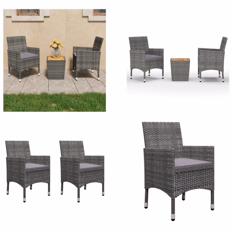 vidaXL 3 pezzi. Set da bistrot in poly rattan e legno d'acacia grigio - Set da bistrot - Set da bistrot - Set da bistrot - Set da bistrot