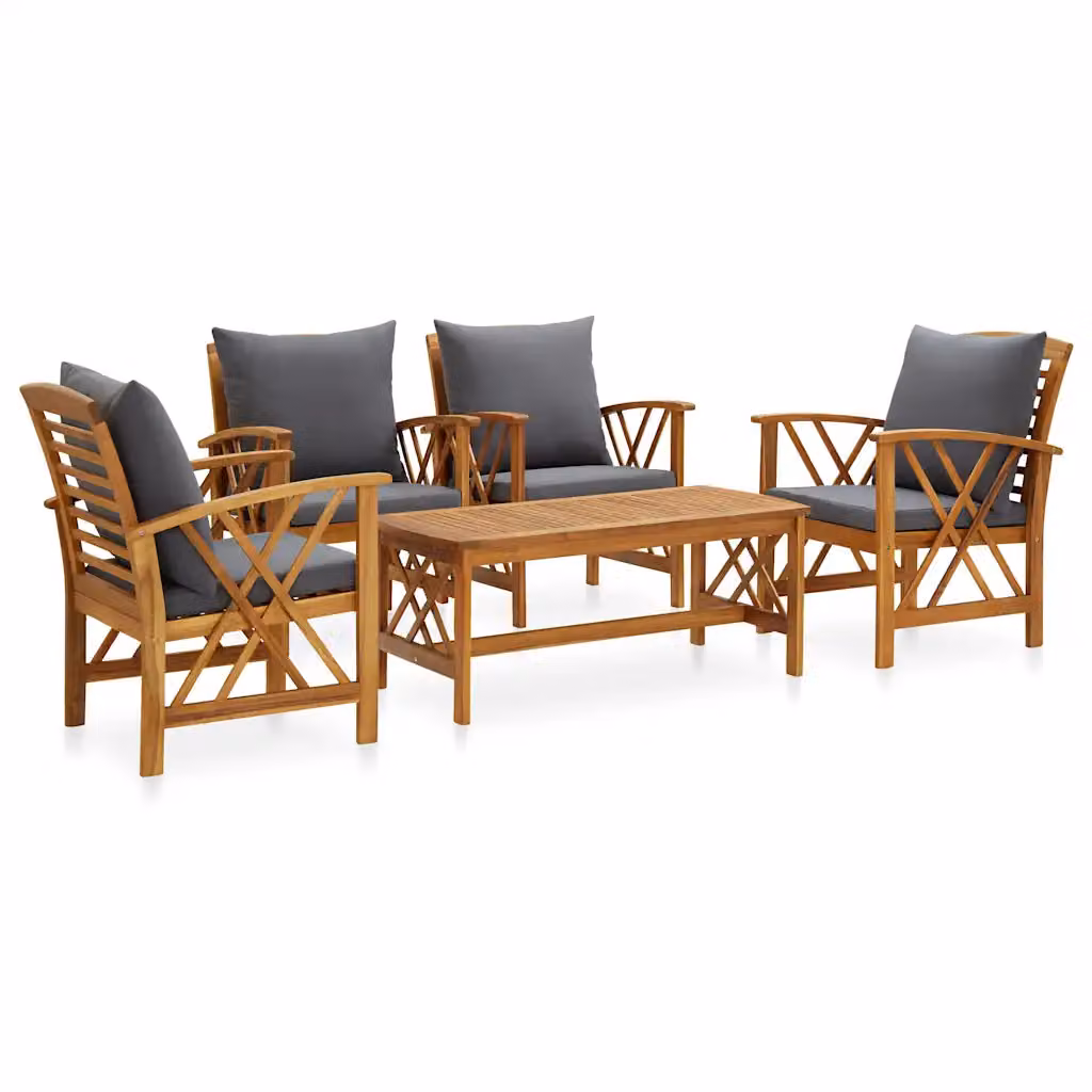 Set da giardino vidaXL composto da 5 pezzi in legno di acacia oliato con cuscini inclusi, colore marrone e grigio