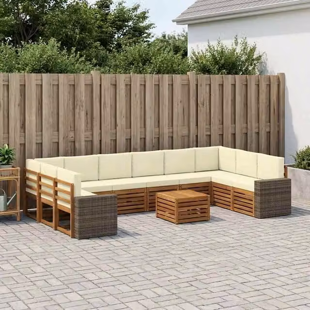 Set di divani da esterno vidaXL a forma di L composto da 11 pezzi con tavolino da caffè, in legno di acacia e tessuto resistente ai raggi UV, colore beige e bianco – 1