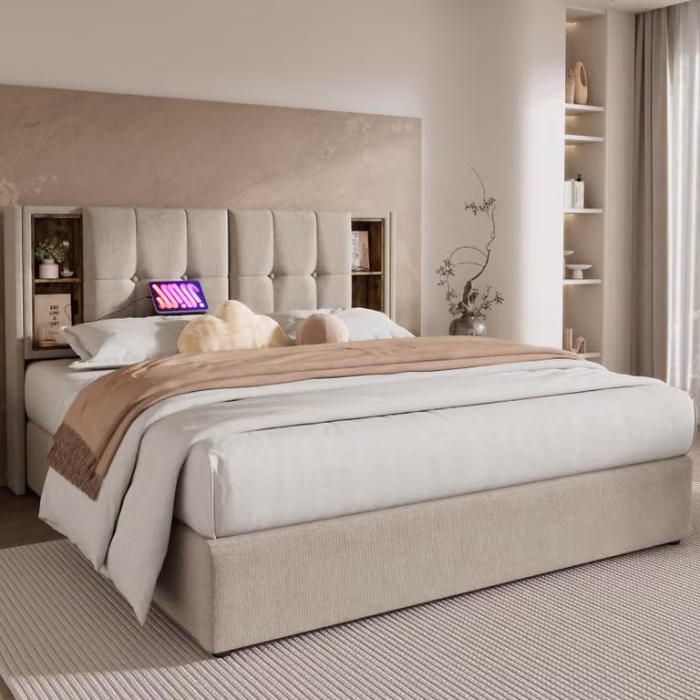 Letto imbottito 140 x 200 cm con spazio contenitore, ricarica wireless, 2 porte USB e 1 porta di tipo C, 4 vani portaoggetti, rete a molle con sistema di sollevamento a gas e rivestimento in lino naturale