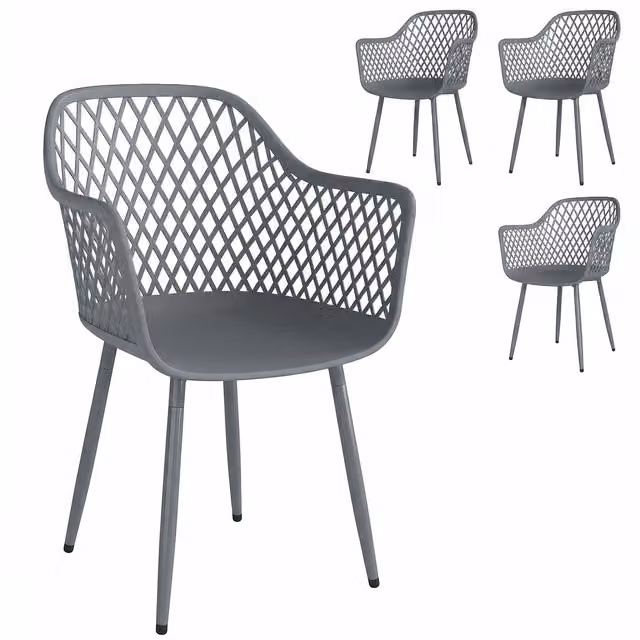 Set di 4 sedie da giardino Outsunny con braccioli e schienale, resistenti ai raggi UV, in plastica e metallo, Grigio Scuro, L: 56 cm, P: 51 cm, H: 84 cm