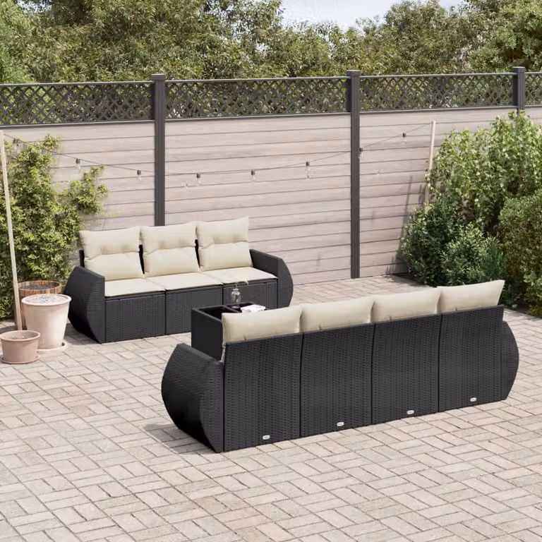 Set di divani da giardino vidaXL in polyrattan nero con cuscini e tavolino da esterno 8 pz