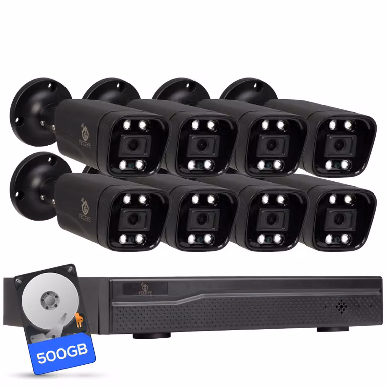 Kit di telecamere di sicurezza, 8 pezzi - Risoluzione 5MP - Disco rigido da 500GB - Alimentazione e trasmissione dati tramite cavo PoE - Colore nero