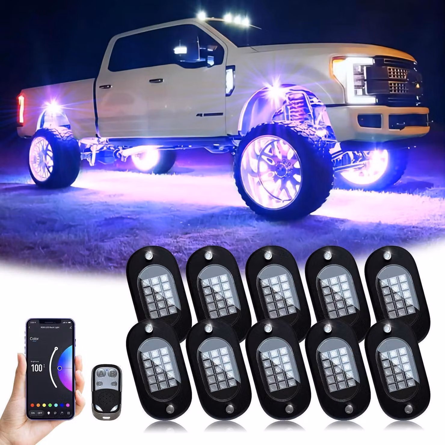 Luci LED RGB per fuoristrada, set di 10 luci, con controllo tramite app e modalità musicale, impermeabili