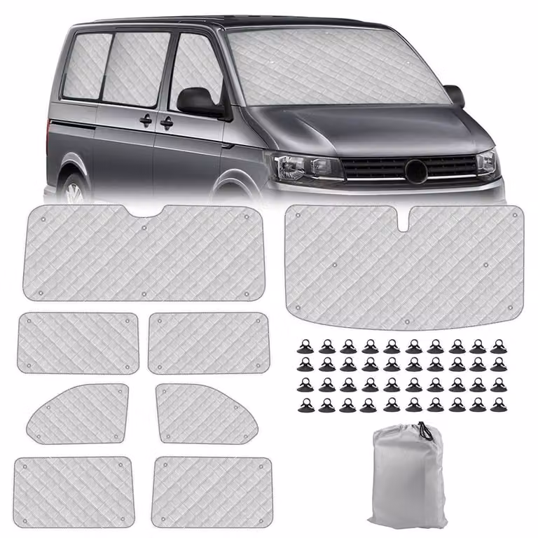 Tappetini termici per l'abitacolo, set da 8 pezzi, per VW T5 T6 a passo corto. Offrono protezione dai raggi UV e dall'acqua, schermatura solare, privacy e controllo della temperatura