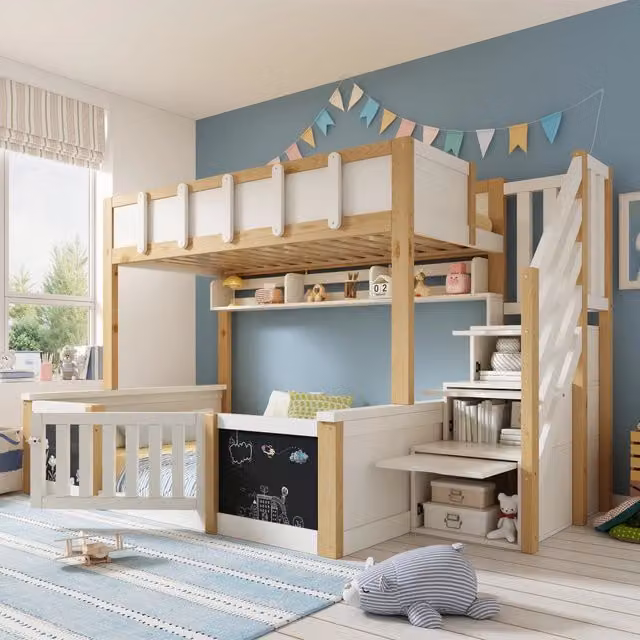 Letto a castello bambini 90x200+140x200 cm; letto familiare in legno; scala contenitore; lavagna; porta rinforzata; senza materasso; bianco/naturale