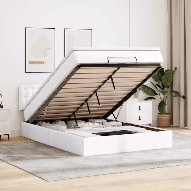 Letto con contenitore a sollevamento e materasso vidaXL in similpelle bianco L/P: 140 x 190 cm