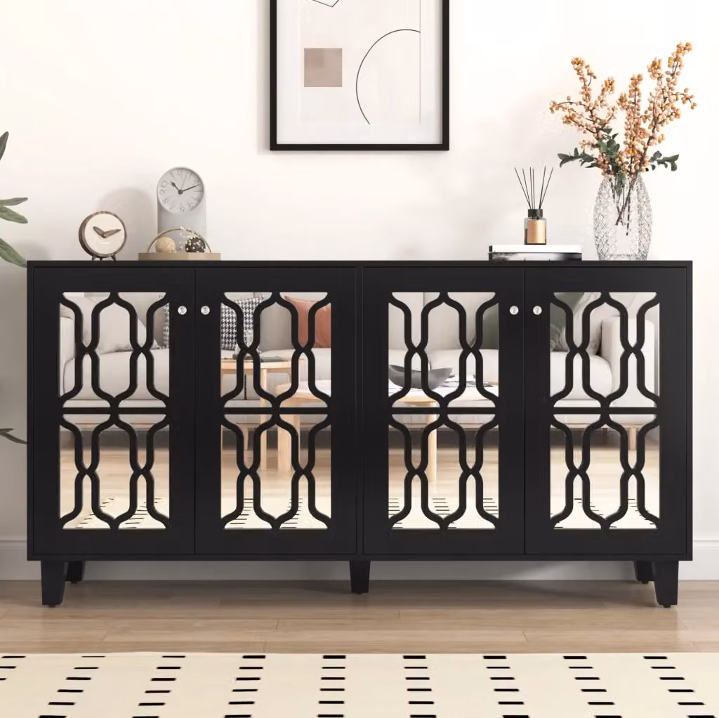 Credenza moderna nera con finitura lucida e top a specchio per soggiorno o ingresso, L: 84 cm, H: 44 cm, P: 40 cm – 2