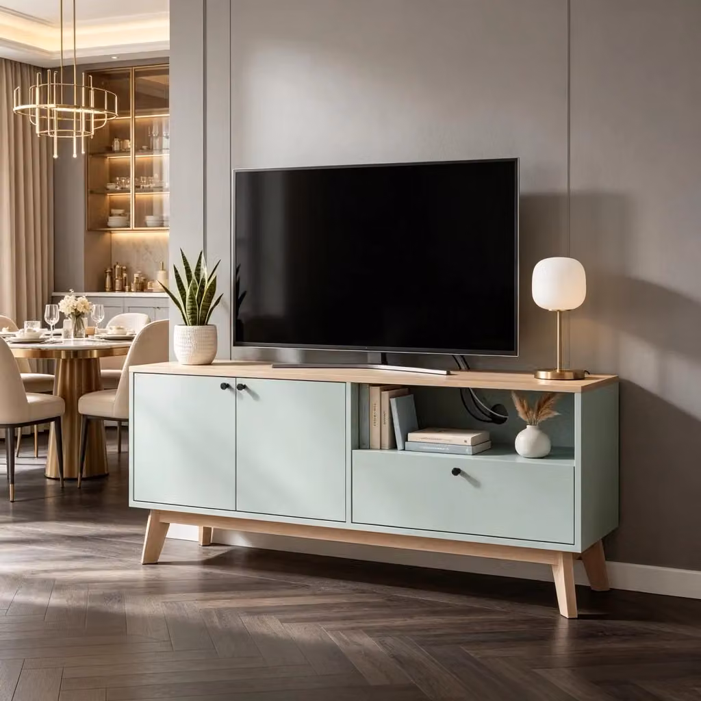 Mobile TV moderno REDOM verde chiaro con dettagli effetto quercia in MDF L: 120 cm, P: 35 cm, H: 50 cm – 2