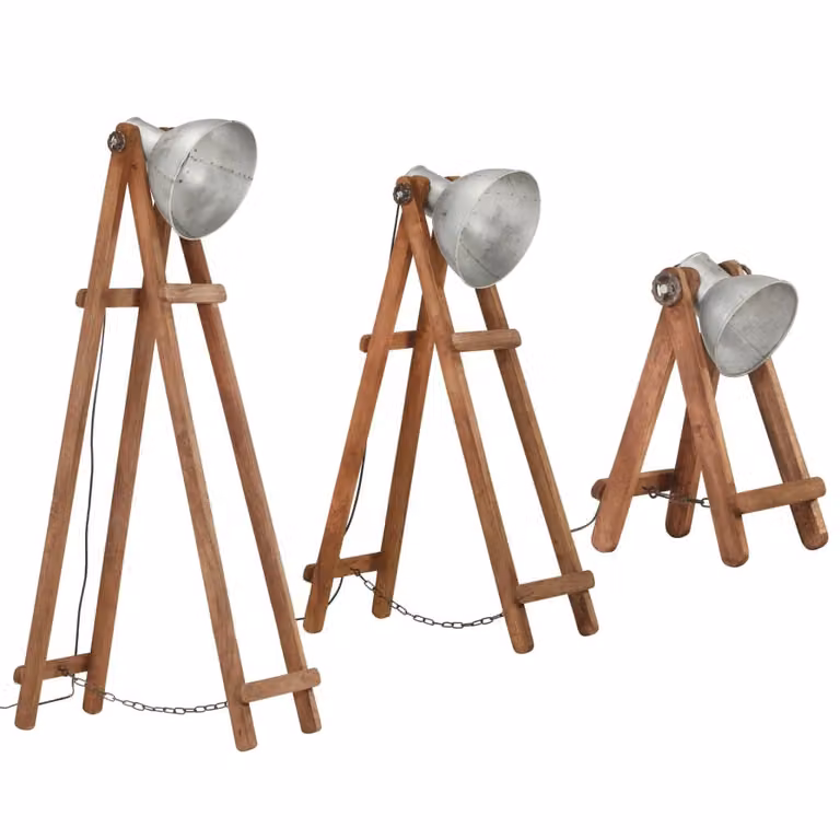 vidaXL Lampade da terra 3 pezzi argento E27 mango legno massiccio