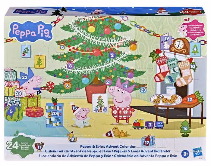 Calendario dell'Avvento Peppa Pig con Peppa ed Evie, conto alla rovescia festivo con 24 sorprese, include 2 figurine, giocattolo per bambini dai 3 anni in su