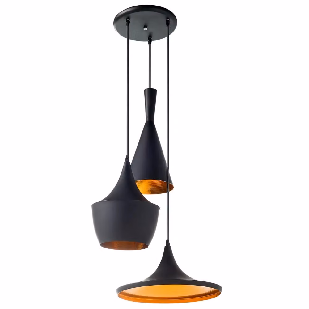 Lampadario a sospensione Beliani in metallo nero e oro per cucina e sala da pranzo, design industriale a 3 luci con paralumi a cono, H: 160 cm, L: 40 cm, P: 40 cm – 2